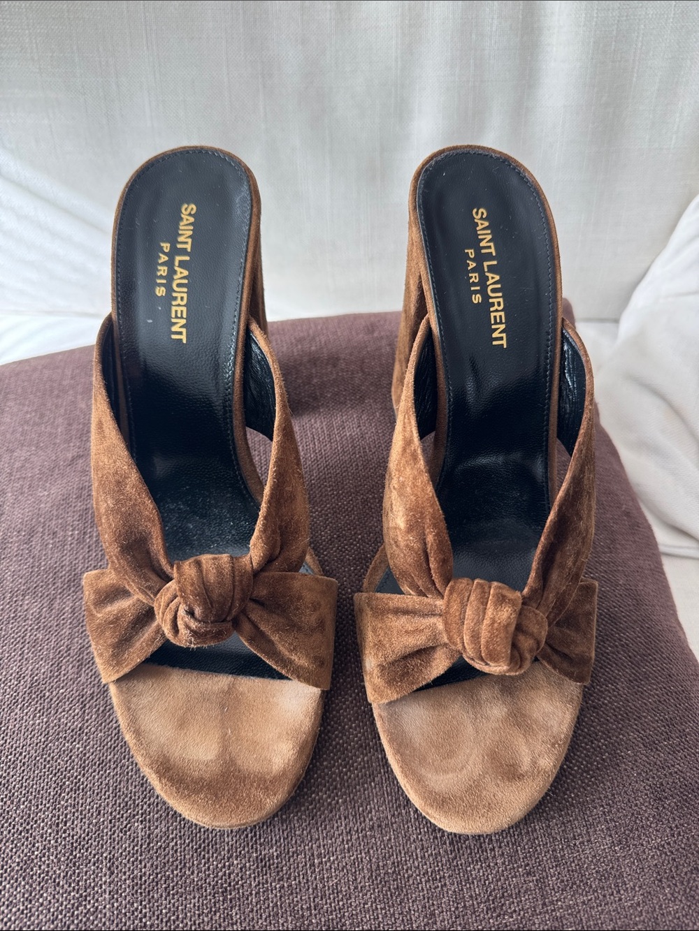 Saint Laurent Brown Suede Knotted Mule Sandals